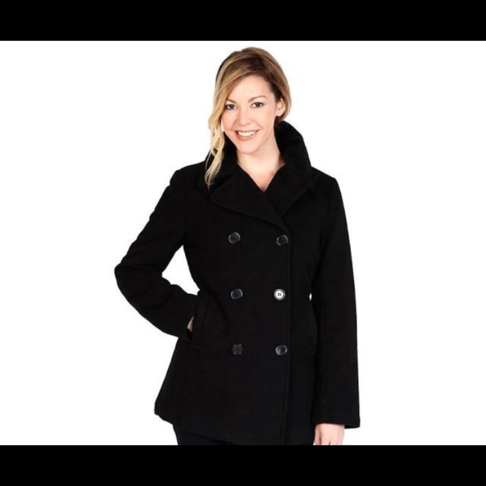Black double-breasted wool peacoat